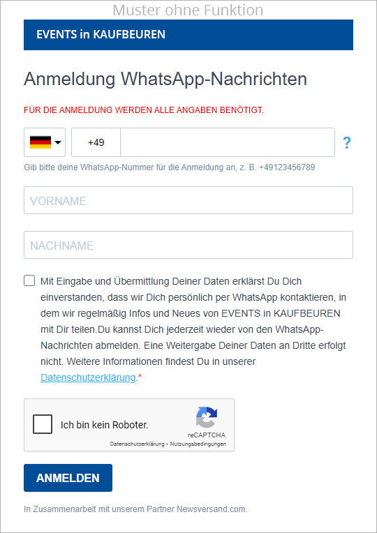 Formular Anmeldung WhatsApp-Nachrichten für EVENTS in KAUFBEUREN